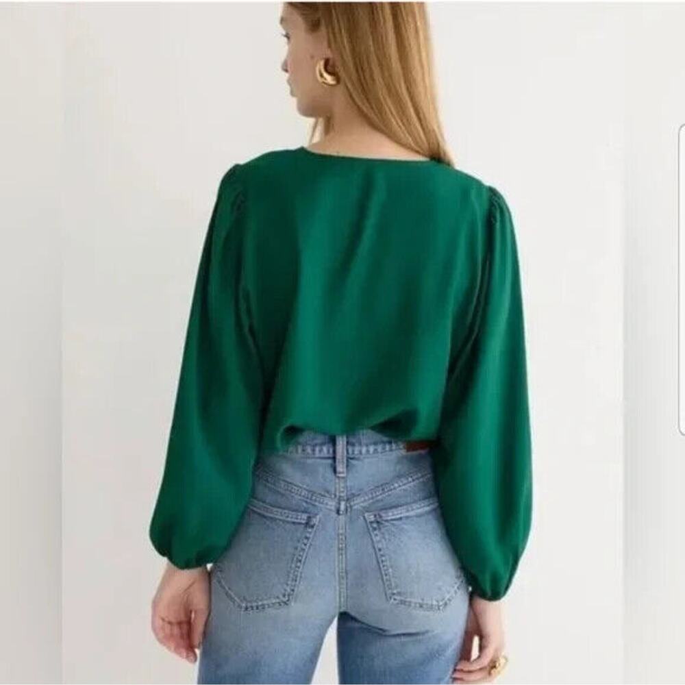 J. Crew Puff Sleeve Satin Back Crepe Top Emerald Green Blouse M NEW Office Chic - Picture 5 of 13